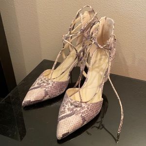 Snakeskin tie up Marc Fisher heels. Size 9.